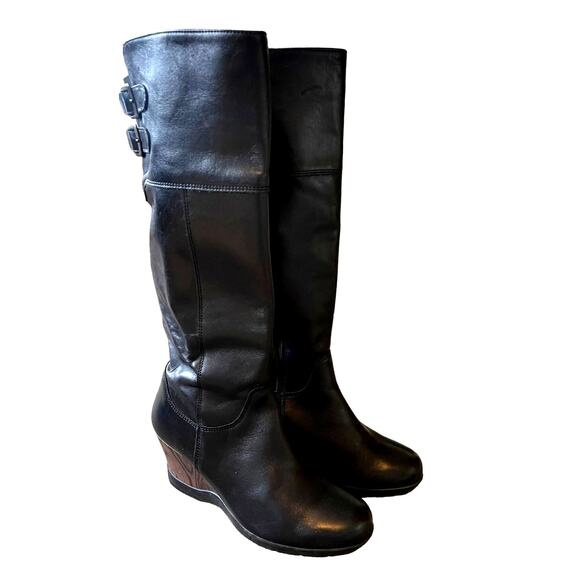 Anthropologie 7 Sanita Leather Wedge Riding Boots Tall Wood Heel COMFORT Black - Picture 1 of 11